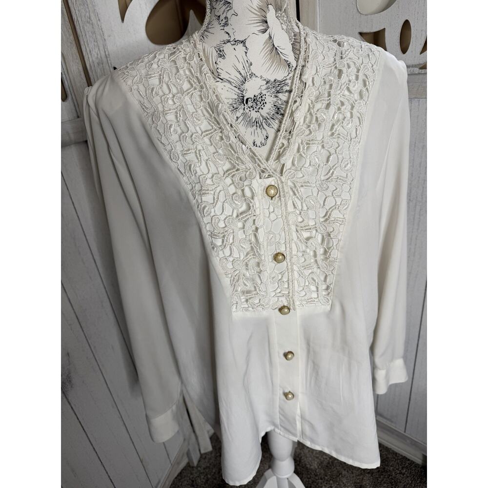 Vintage Che Studio Top Blouse White Victorian Glam Lace Gold Buttons Chic Sz 16